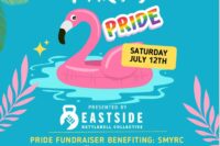 Flier for Deadlift Pull Party July 12 at Eastside Kettlebell Collective (blue background to look like a pool with a flamingo float)