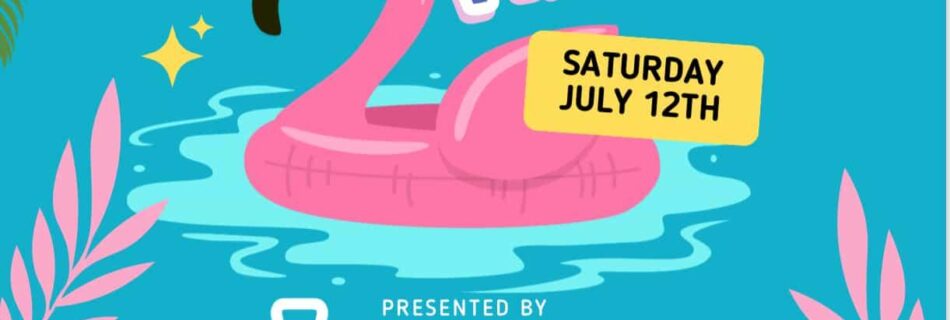 Flier for Deadlift Pull Party July 12 at Eastside Kettlebell Collective (blue background to look like a pool with a flamingo float)